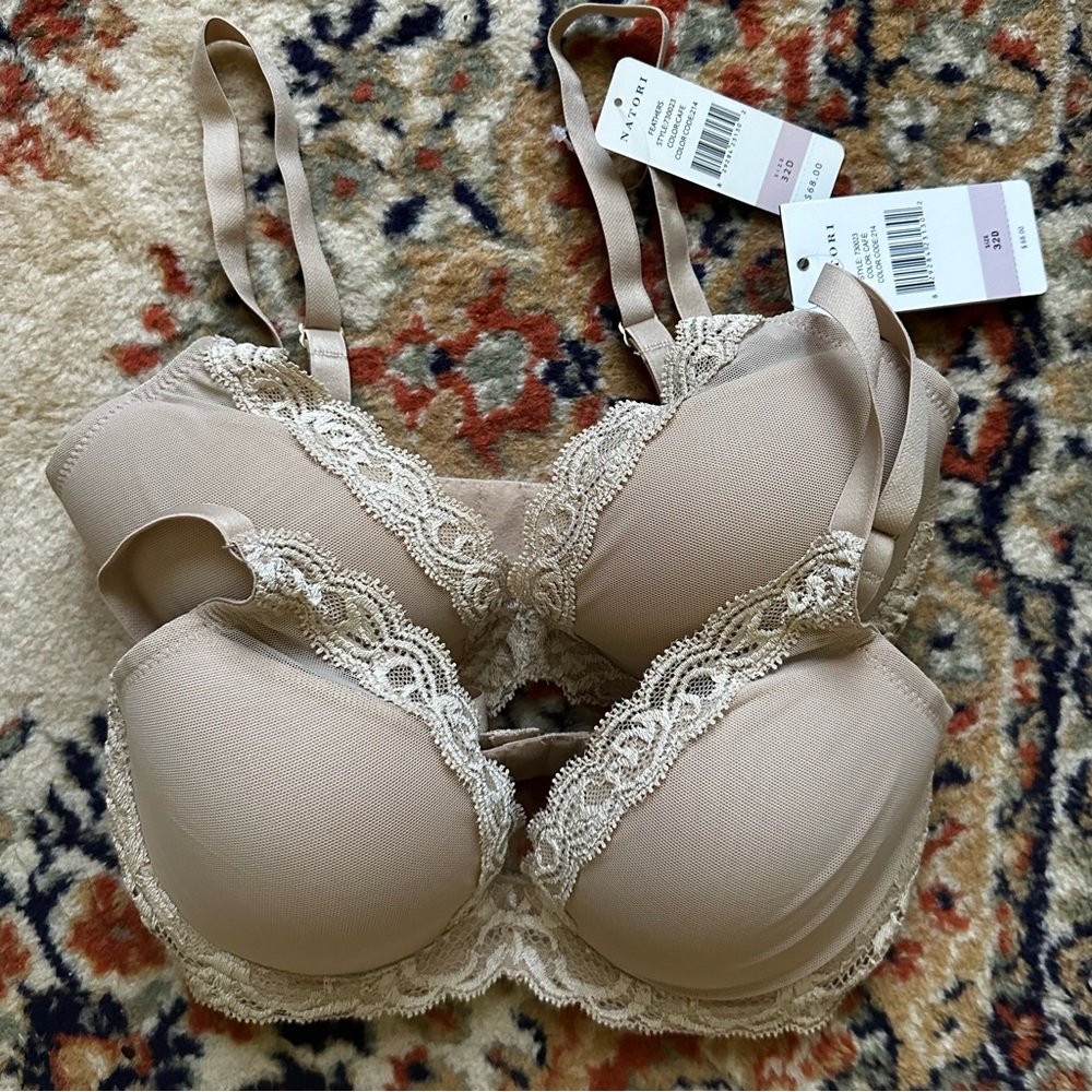 Set of Two Natori Feathers Plunge T-Shirt Bras - 32D - Cafe - New with Tags